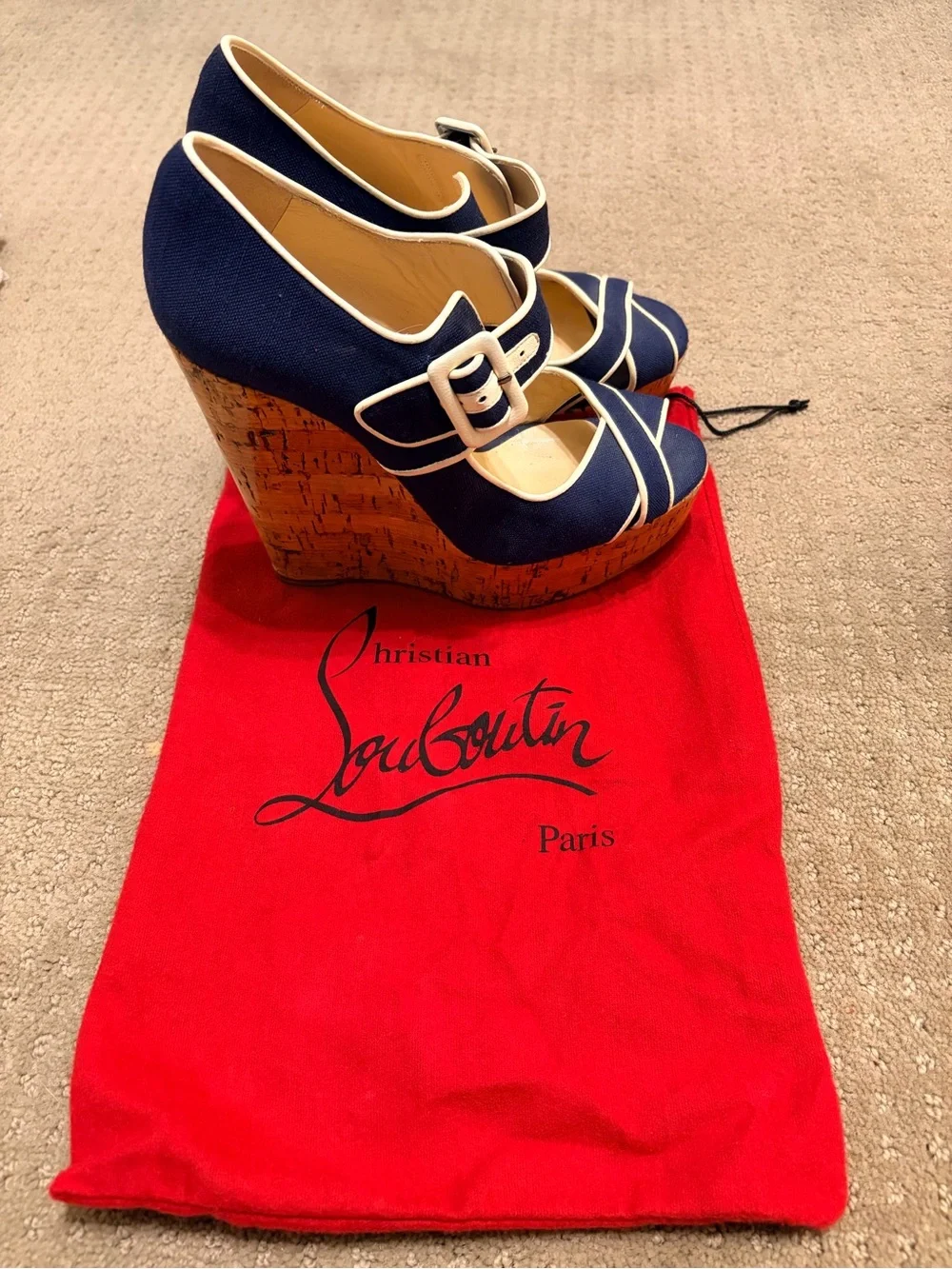 Christian Louboutin Cork Wedge Espadrille Heels – Navy/White